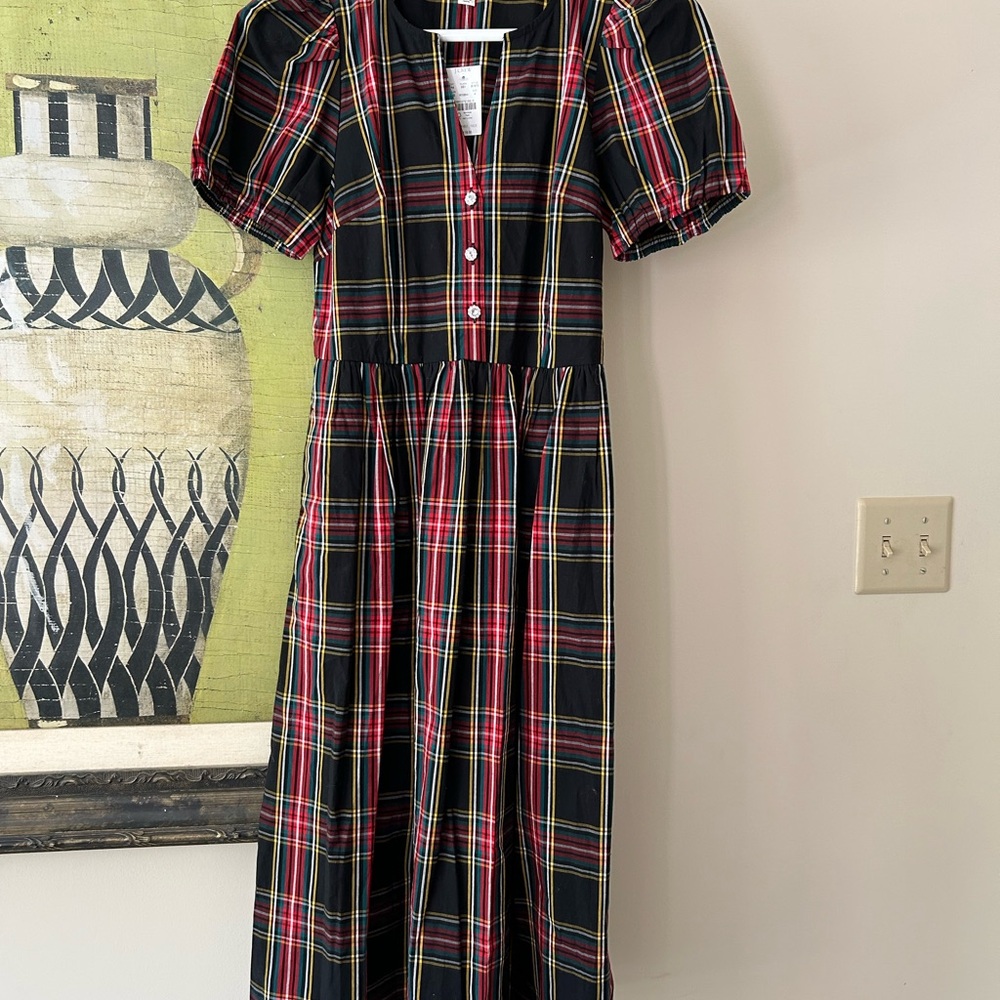 J. Crew Black and Red Buttoned Puff Sleeve Midi Dress